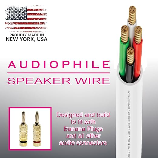 NATIONAL Wire&Cable - 16/4 Audiophile Speaker Wire (500 Feet) 16AWG Gauge - Made in USA - in Wall Audio Speaker Wire Cable/CL Rated/ETL Listed / 2 Conductors - OFC Oxygen-Free Copper, White 500ft