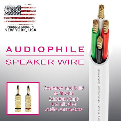 NATIONAL Wire&Cable - 16/4 Audiophile Speaker Wire (500 Feet) 16AWG Gauge - Made in USA - in Wall Audio Speaker Wire Cable/CL Rated/ETL Listed / 2 Conductors - OFC Oxygen-Free Copper, White 500ft