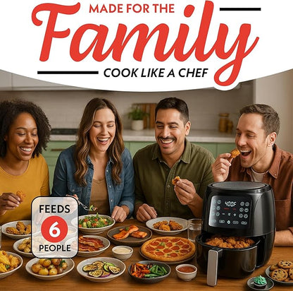 Gourmia Air Fryer - 6 Qt Large Capacity, FryForce 360º, Digital Display with 12 Presets, Roast, Bake, Broil, Dehydrate, Dishwasher Safe Accessories, Black