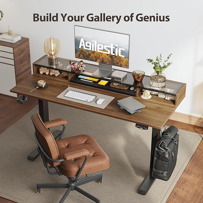 Agilestic Glass Standing Desk with Storage, 48 Inch Electric Adjustable Desk with Glass Shelf and Cable Management, Sit Stand Up Home Office Computer Table, Splice Board, Dark Walnut
