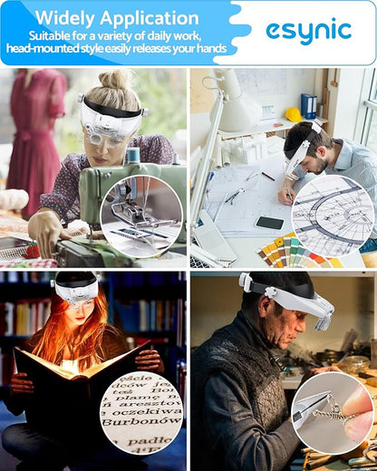 eSynic Head Magnifier with 2 LED Light-1.5X-13X Magnification with 5 Acylic Lens Set & Comfort Fit Design- 2 Level Brightness USB-C Rechargeable Headband, Hands-Free for Jewelry Repair/Reading/Crafts