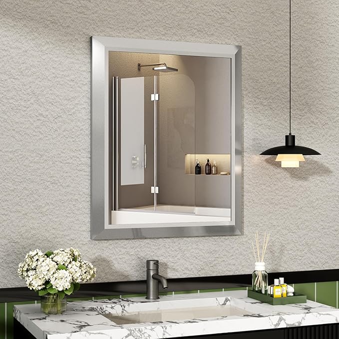 SMIROR Brushed Silver Bathroom Mirror for Over Sink, 24”x 28” Metal Thick Framed Rectangle Vanity Mirror for Wall, Right Angle Corner, Anti-Rust, Horizontally or Vertically Mounted