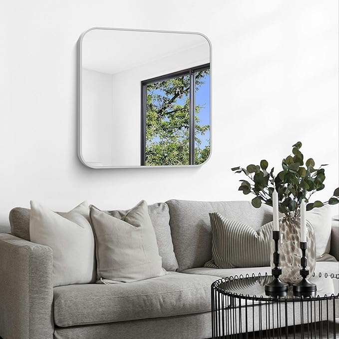 Silver Bathroom Mirror, 30 x 30 Inch Silver Square Mirror, Metal Framed Rectangular Vanity Mirror, Rounded Corner Wall Mounted Mirror for Living Room Bedroom Entryway Hangs Horizontal/Vertical