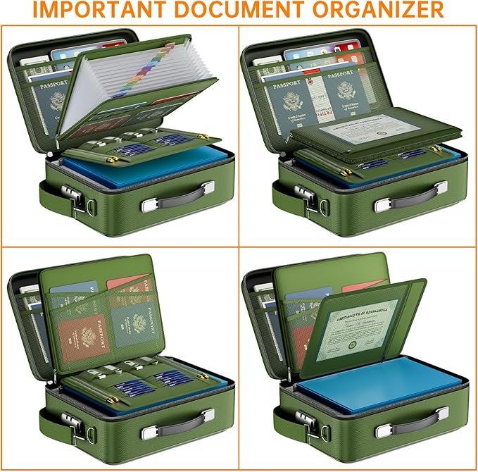 DocSafe Fireproof Document Box with Lock＆Shoulder Strap,Hard Case File Organizer with Accordion File Folder,Multi-Layer Portable Home Office Travel Safe Storage for Important Documents Laptop Green