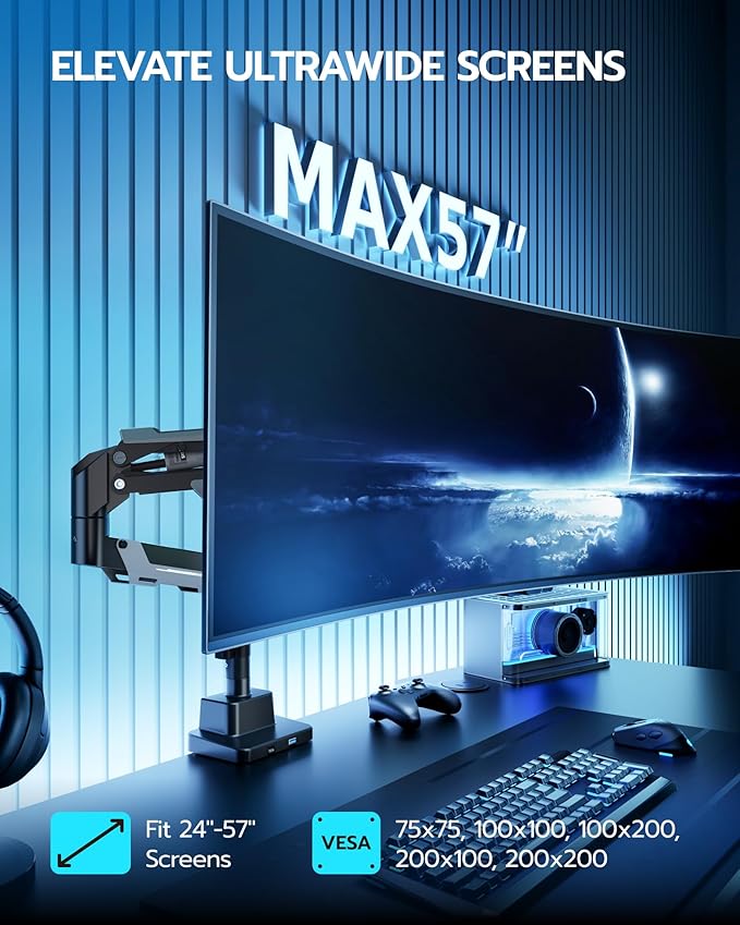 ARES WING CoreArm Single Monitor Mount with USB, Ultrawide Monitor Arm for 24 to 57'' Heavy Duty Curved Screen, Adjustable Gas Spring Monitors Arm Stand up to 66LBS with 75/100/200 Vesa Mount, Black