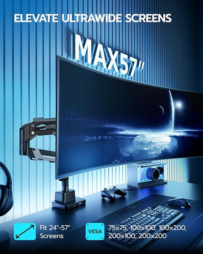 ARES WING CoreArm Single Monitor Mount with USB, Ultrawide Monitor Arm for 24 to 57'' Heavy Duty Curved Screen, Adjustable Gas Spring Monitors Arm Stand up to 66LBS with 75/100/200 Vesa Mount, Black