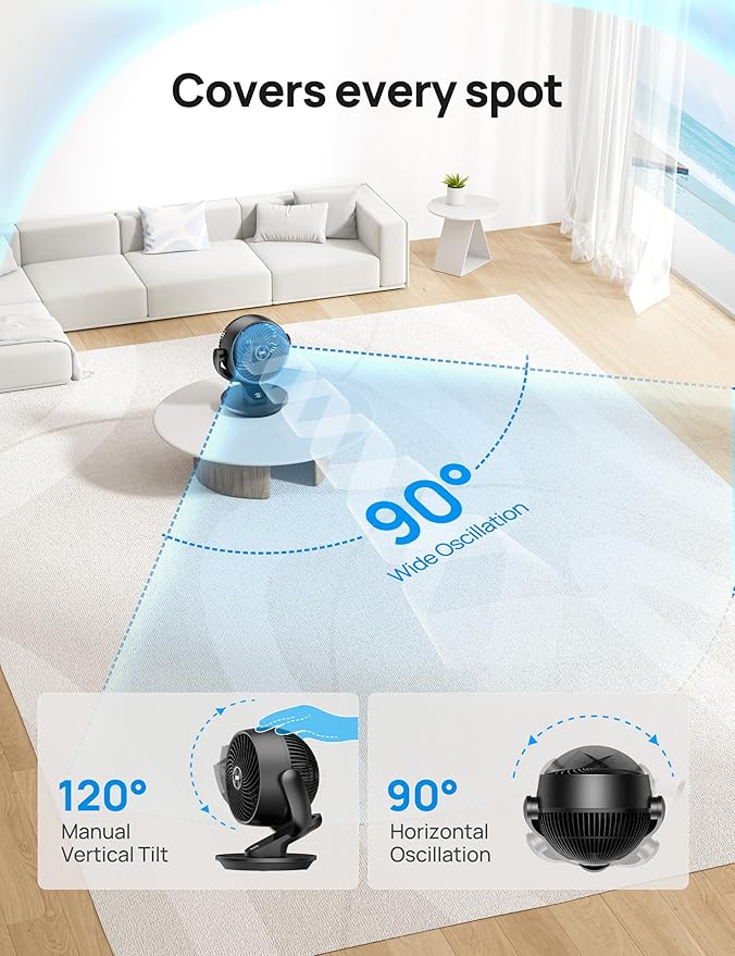 Dreo Smart Fan for Bedroom,120° Vertical and 90° Oscillating Fan with Remote/Voice, 13 Inch Height Quiet Air Circulator for Whole Room, 70 ft, 4 Speeds, 5 Modes, 12H Timer, Desk Fans for Home，Black