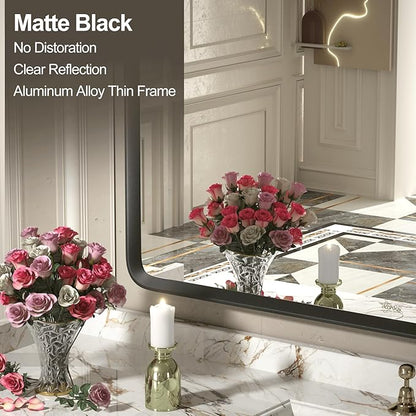 48x30 Black Bathroom Mirror, Black Matte Metal Framed Vanity Mirror, Rounded Rectangle Mirror, Anti-Rust, Shatterproof (Horizontal/Vertical)
