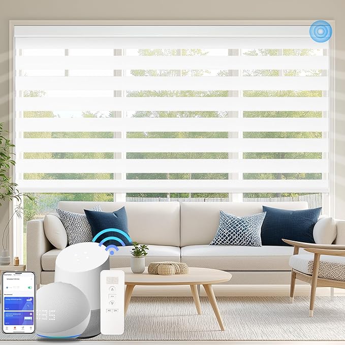 COOLWINDS Motorized Zebra Blinds for Windows Cordless Electric Curtains with Remote Control Blackout Shades Custom Smart Blinds Compatible with Alexa Google Home(Blackout White,W51 X 72in)