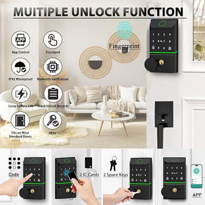 CINOP Smart Locks for Front Door with Handle Set, App Control, WiFi Front Door Lock Electronic Screen+WiFi Gateway, Keyless Entry Door Lock Fingerprint Deadbolt, Auto Lock (Black)
