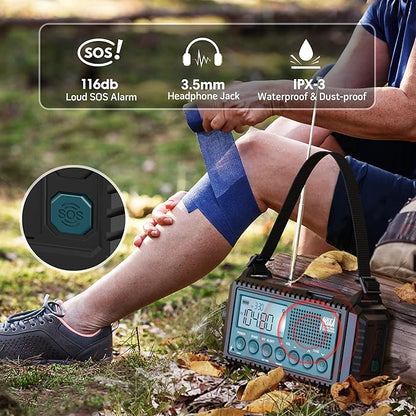 Emergency Weather Radio with AM/FM/NOAA/SW, 5 Ways Powered Solar Hand Crank Alert Radio with LCD Display&SOS, 5000 Portable Radio with Cellphone Charger, Flashlight, Reading Lamp, Headphone Jack