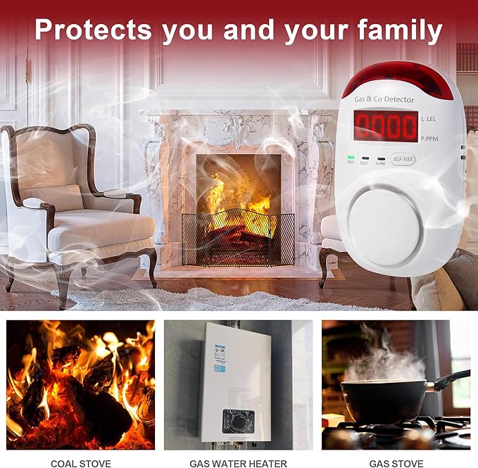 Combination Gas & Carbon Monoxide Detectors - Koabbit Plug in Carbon Monoxide Detector,Propane, Natural,Methane, Explosive Gas Detector Alarm & CO Detector Alarm for Home,Easy to Read