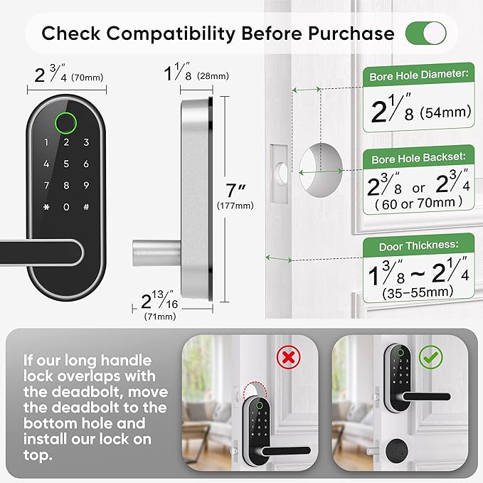 Keyless Entry Fingerprint Digital Smart Lock with Handle & Keypad: Electronic/Electric Lock with Code, App Control Biometric Deadbolt Door Knob for Front, Interior, Exterior & Bedroom Door (Silver)