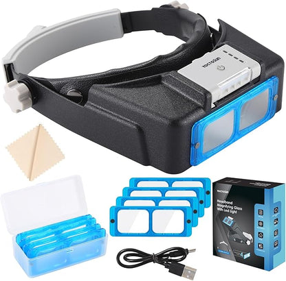 YOCTOSUN Magnifying Glasses with Light for Close Work, Rechargeable Headband Magnifier with 4 Lenses 1.5X-3.5X, Hands Free Magnifying Glass Visor for Jewelers, Crafts, Hobby