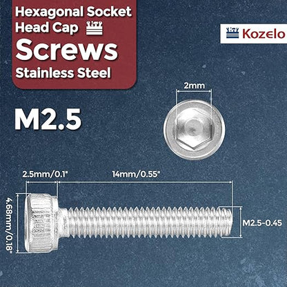 Kozelo 50pcs Socket Head Cap Screws - [M2.5-0.45 x 14mm] 304 Stainless Steel Allen Socket Drive for Electrical Motor 3D Printing Fan Engine Replacement Use, Silver