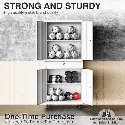 SISESOL White Metal Storage Cabinet with Wheels and Drawer,Rolling Garage Cabinet with Locking Doors and Adjustable Shelves,73" Mobile Tall Large Metal Cabinets for Home,Office,Garage,Shop