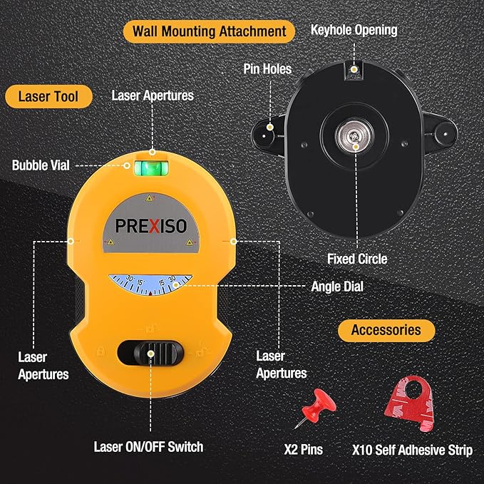PREXISO Multi Surface Laser Level LED Light Vial, 30Ft Horizontal & Vertical Line Laser with Wall Mount Base, 2 Pins, 10 Sticker, 2 AA Batteries for Hanging Frames & Picture, Construction Wall Writing