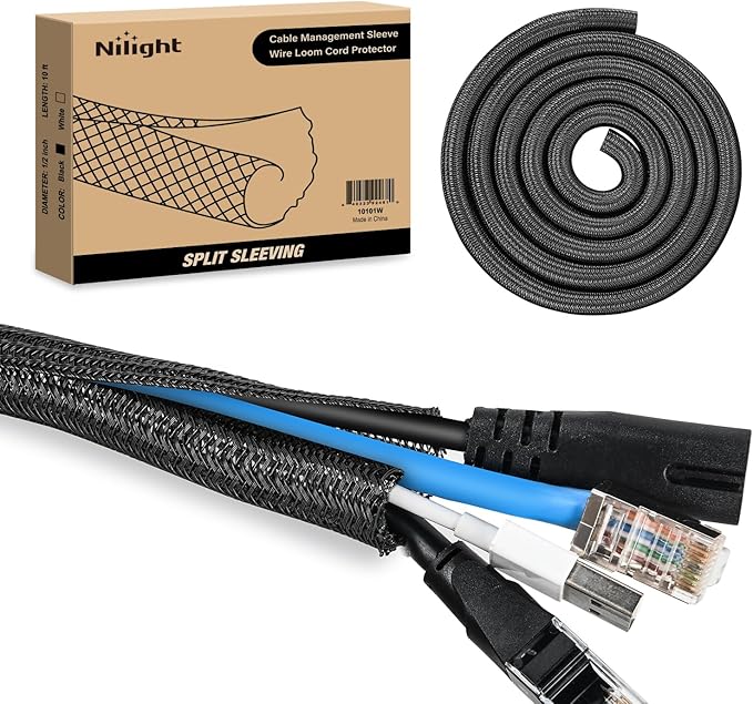 Nilight Cable Sleeve, 10ft-1/2inch Cord Management Sleeves, Braided Sleeving, Split Self Wrapping Wire Loom for Computer Electrical Automotive Harness Protector Organizer, Black