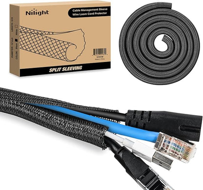 Nilight Cable Sleeve, 10ft-1/2inch Cord Management Sleeves, Braided Sleeving, Split Self Wrapping Wire Loom for Computer Electrical Automotive Harness Protector Organizer, Black