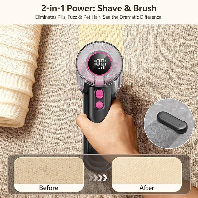 Rechargeable Fabric Shaver, 2-in-1 Lint Remover for Clothing, Furniture, Sweater with 6-Blade, 200ml Container, LED Display, 2000mAh USB-C, 3-Speed Lint Shaver Eliminates Fuzz & Pilling