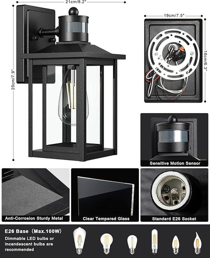 LTBLIGHT Motion Sensor Dusk to Dawn Outdoor Light, 4-Modes Adjustable Black Exterior Lighting Fixture, Waterproof Outside Wall Mount Lantern for Home, Entry, Backyard, Patio, 120V
