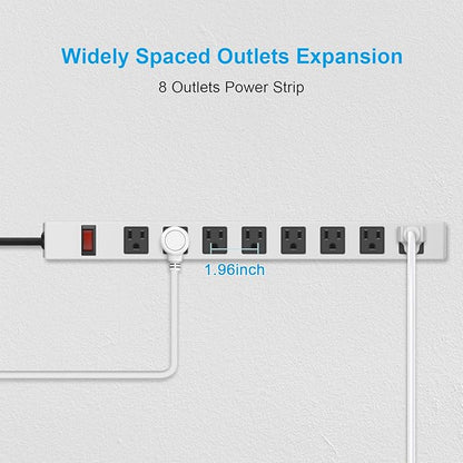 JUNNUJ Metal 8 Outlet Power Strip, Mountable Heavy Duty Power Strip, 1200J Surge Protector Wall Mount Screws Outlet with Switch, Gaming Desk Strips Wide Spaced 15A 125V 1875W, 15 FT 14AWG Power Cord