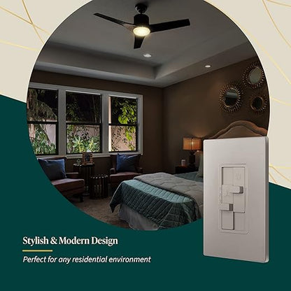TOPGREENER Kalide Combo Dimmer Switch with 3-Speed Fan Control, Light and Fan Combination Switch, Single Pole, 2.5A, 200W LED/CFL, Neutral Wire Not Required, TGDSFS3-NK, Nickel