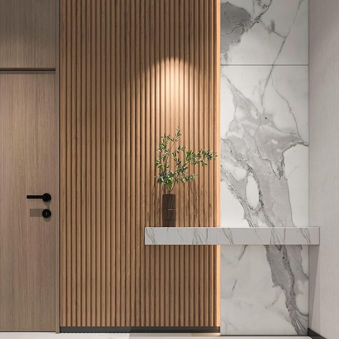 Art3d Fluted Wood Panel for Wall and Ceiling, Beaded Accent Molding for Home Decoration, Pack of 4pcs + 1pc End-Trim, Size 108 x 5.7in.- Beaded Oak