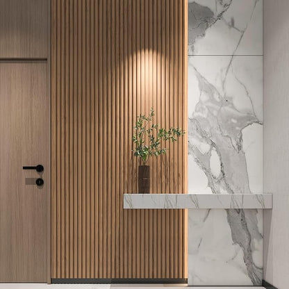 Art3d Fluted Wood Panel for Wall and Ceiling, Beaded Accent Molding for Home Decoration, Pack of 4pcs + 1pc End-Trim, Size 108 x 5.7in.- Beaded Oak
