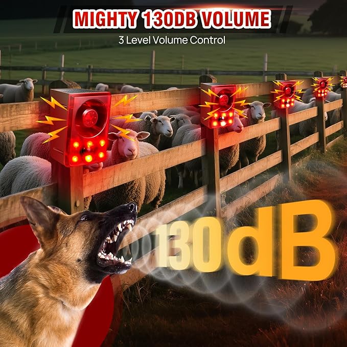 Solar Outdoor Motion Sensor Alarm, Dog Barking&Gunshot Sound,130db Loud Noise Maker,Support Recording,13 Kinds of Sound and Strobe Light to Deter Raccoons, Deer, Skunks, Bears, and Coyotes