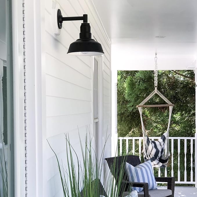 Steel Lighting Co. Hawthorne Barn Light | Outdoor Wall Mounted | 8 inch Dome | 6" Straight Arm | Small Farmhouse Light Made in America | Navy Blue Exterior/Brass Interior