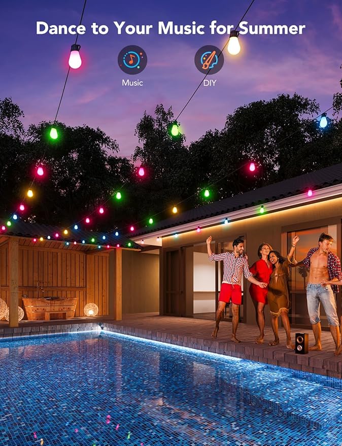 Govee Smart Outdoor String Lights H7015, 48ft RGBIC Outdoor Lights with 15 Dimmable LED Bulbs, IP65 Waterproof, Color Changing Warm White Lights with 47 Scene Modes for Patio, Backyard, App Control