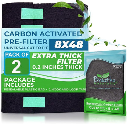Breathe Naturally Universal Cut To Fit Carbon Activated Air Filter - Replacement Charcoal Filters - Pre Filter Carbon Sheet for Air Purifier, Vent Filters & More - Made in USA (Pack of 2, 8x48)
