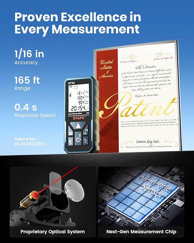 Laser Measure, DTAPE 165 Ft Digital Laser Distance Meter, Upgraded High-Accuracy Laser Measuring Tool, Electronic Tape Measure, 2" Backlit LCD Display, Area/Volume/Indirect Measurement, in/Ft/Ft+in/M