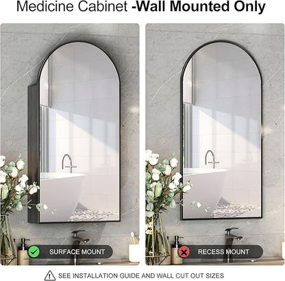 Black Arched Medicine Cabinets with Mirror,Bathroom Mirror Cabinet with Storage,Brushed Black Arch Medicine Cabinet Surface Mount Only,Right Hinges,16 x32 Inch