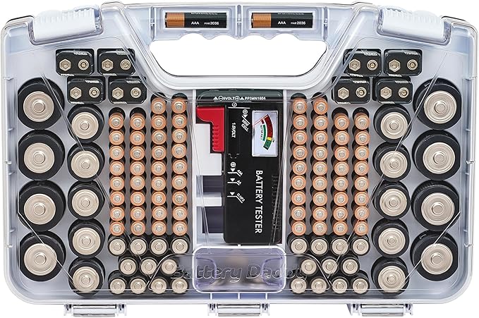 Ontel Battery Daddy Storage & Organizer Case with Tester, Stores & Protects Up to 180 Batteries, Double-Sided, Durable Design with Clear Locking Lid, Secure Latches & Portable Carrying Handle - White