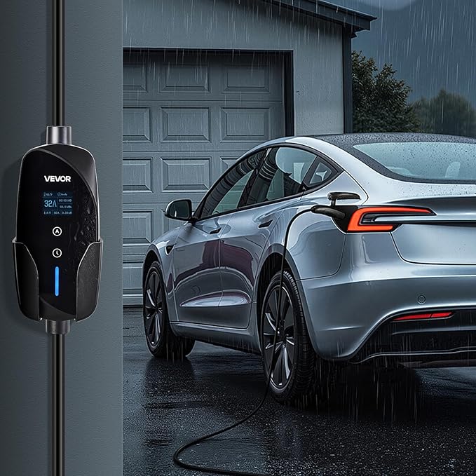 VEVOR Level 2 Tesla Charger, 32 Amp Adjustable Current, 240V Portable Home Electric Car EV Charger with 25 ft Charging Cable, NEMA 14-50P Plug, LCD Display, NACS Connector, for Tesla Model Y/X/3/S