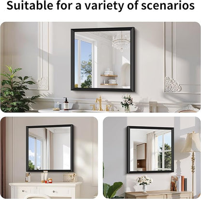 Black Bathroom Mirror 30 x 30 Inch Rectangle Wave Beveled for Wall Bathroom Vanity Mirror for Over Sink, Tempered Glass,for Entryway Hangs, Bathroom Living Room Horizontal or Vertical