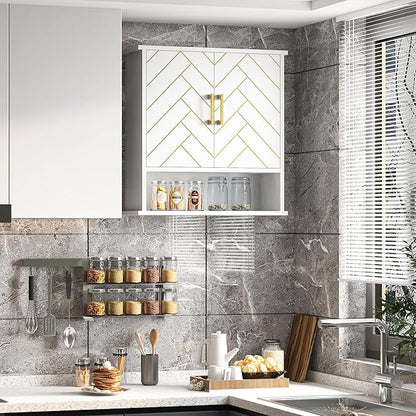 White Chevron Pattern Bathroom Wall Mount Cabinet, Stylish Hanging Medicine Cabinet with Open Shelf, Over The Toilet Storage for Bathroom Kitchen (23 5/8" x 22 7/8" x 7 1/8")