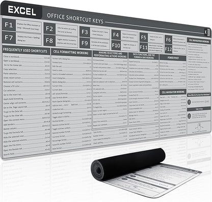 Baziabbo Office Desk Mat, Excel Cheat Sheet Keyboard Mat, Excel Shortcut Desk Pads,Non-Slip Excel Mousepad with Stitched Edges for Computer (Sheet Grey)