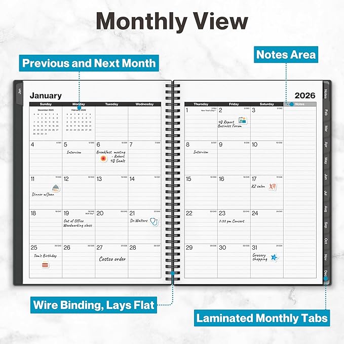 Dunwell 2026 Planner Book 8.5x11, Weekly Monthly Calendar, Jan to Dec, Large Daily Organizer with Laminated Tabs, Bookmark, Notes Section & Stickers