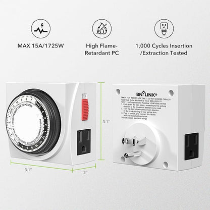 BN-LINK Heavy Duty Mechanical 24 Hour Timer Dual Outlet 3-Prong Accurate Indoor for Lamps Fans Christmas Lights White AC 1875W 1/2 HP, ETL Listed