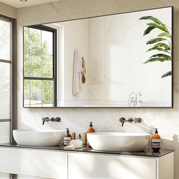Bathroom Vanity Mirror for Wall, 60" x 36" Metal Framed Rectangular Bathroom Wall Mirror for Over Sink, HD Shatterproof Glass, Hangs Horizontally or Vertically(Black)