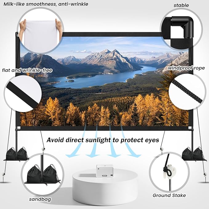 120inch Outdoor Projector Screen with Stand: 16:9 4K HD Portable Projector Screen Outdoor Indoor - Front/Rear Movie Screen with Carry Bag, Sandbag - Projection Screen for Backyard, Camping, Theater