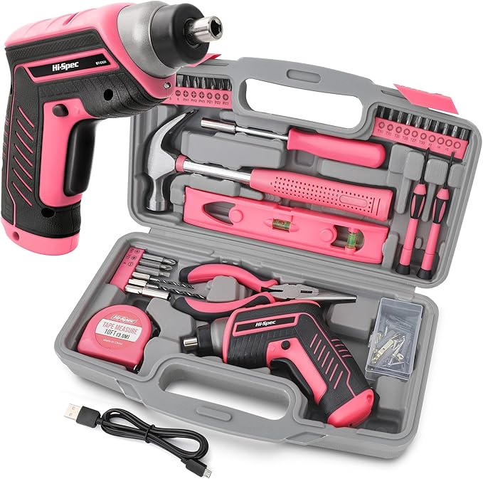 Hi-Spec 35-Piece Tool Kit with 3.6V USB Small Electric Screwdriver Set, Pink Drill Set for Women, Tool Kit for Home