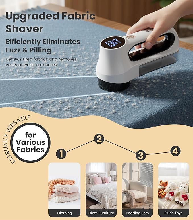 Rechargeable Fabric Shaver | 3-Speed Electric Lint Remover | 6 Blades High Eliminates Fuzz & Pilling | with LED Display & Type-C Fast Charging Port | Lint Shaver for Clothes & Furniture - White