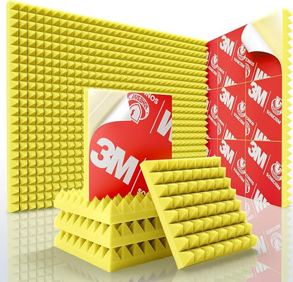 Sonicism Acoustic Panels Self-Adhesive Pyramid 12 Pack,12" X 12" X 1" Sound Proof Foam Panels for Walls,35kg/m³High Density Soundproof Wall Panels Fast Expand,Sound Absorption & Decoration(Yellow)