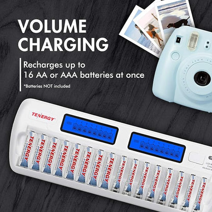 Tenergy TN438 16 Bay Battery Charger for AAA and AA Rechargeable Batteries, AA/AAA NiMH/NiCd Rechargeable Batteries Charger with AC Wall Adapter and Car Adapter