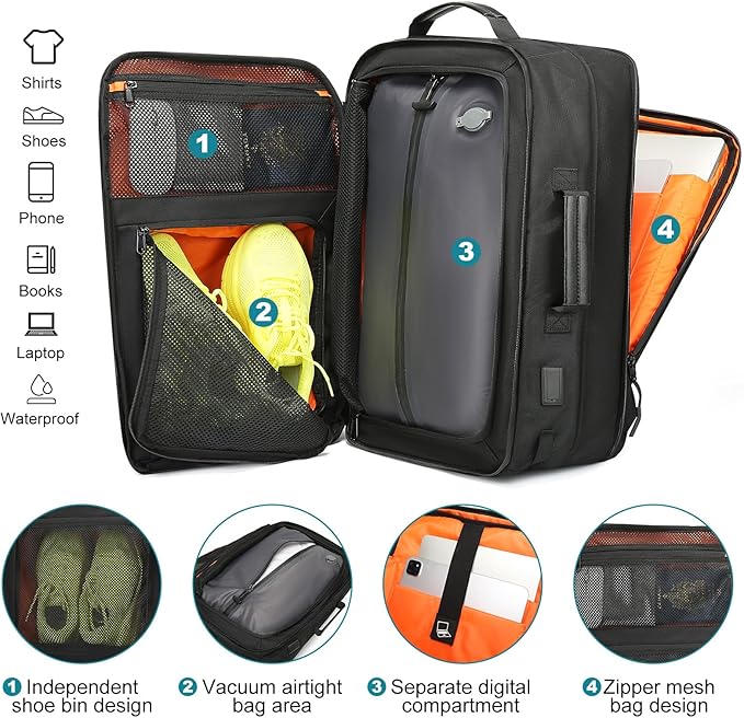 Vacuum Compression Backpack with Pump, Extra Large Capacity 45L Expandable Travel Backpack, Water Resistant 17.3" Laptop Backpack with USB Charging Port for Men & Women