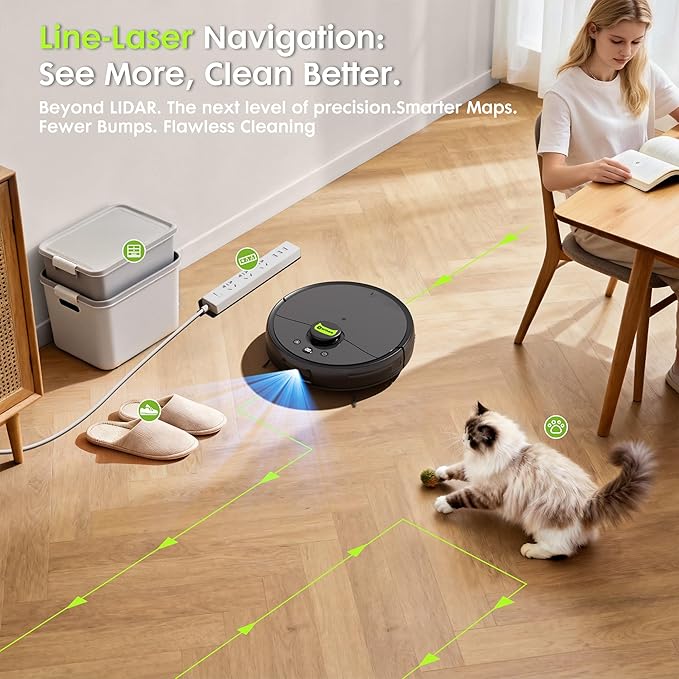 Robot Vacuum and Mop, Pet Hair Tangle-Free Cutter Technology, Max 10,000Pa Suction, Laser Navigation, Pet Laser, 75-Days Capacity, Carpet Lift Detection, APP ＆ Voice Control, Robotic Vacuums Cleaner